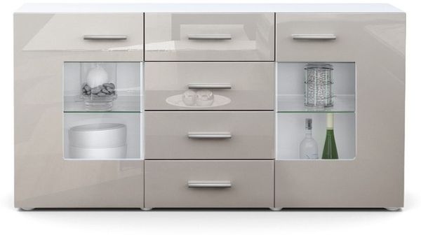 Sideboard Kommode Grömitz V1, Korpus in Weiß matt / Front in Sandgrau Hochglanz (139 x 72 x 35)