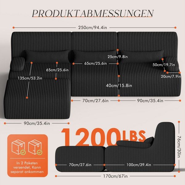 Lexzurn Ecksofa Ecksofa mit Schlaffunktion 250 x 170 x 76 cm, L-förmige Couch aus Cord, Memory-Schaumstoff, Tiefer Sitzfläche, Modulares Sofa mit Chaiselongue für Wohnzimmer und Schlafzimmer