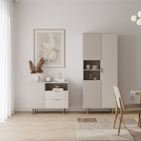 Lomadox Wohnzimmer-Set NADOR-132, (Mega-Spar-Set, 2-St, Vitrine Kommode), Kaschmir mit goldfarbenen Metallgriffen und -füßen, Front Rillenoptik