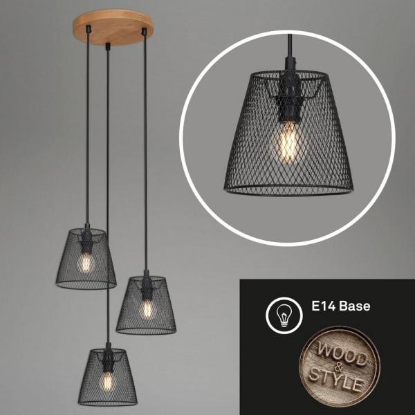 Briloner Leuchten Pendelleuchte Pendelleuchte TAUNUS, 3-flammig, retro/vintage, Metallschirm und Holz Basis, schwarz, 21 cm