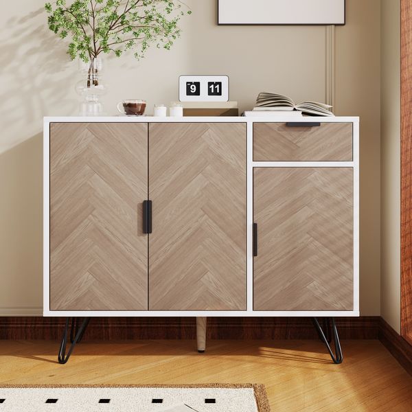 Sideboard aus MDF/Spanplatte mit Schublade & verstellbaren Einlegeböden, 90x30x71,5 cm, Weiß/Holzfarben