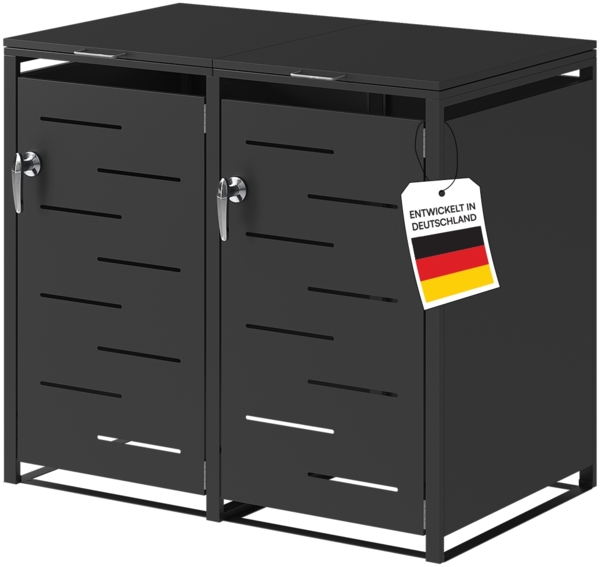 STEELSØN 'Diorus' Mülltonnenbox für 2 Tonnen je 240 Liter, graphitschwarz, Mülltonnenverkleidung aus Stahl mit Sichtstreifen, wetterfest, 116x80x134 cm, abschließbare Müllbox