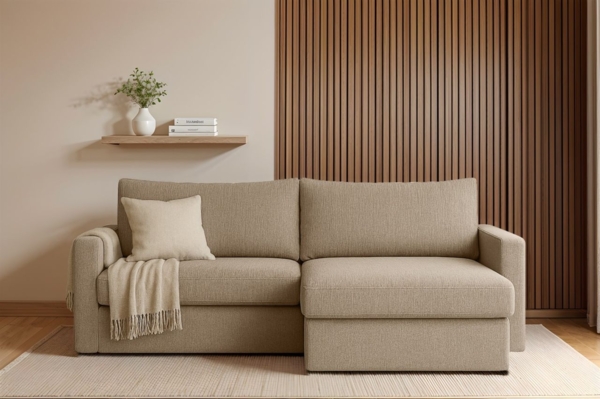 Ecksofa Sofa mit Schlaffunktion BENDIK Stoff Faro Dunkelbeige Ottomane Rechts