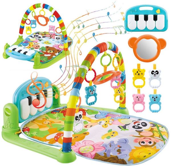 Krabbeldecke Spielmatte mit Spielbogen Baby Lernmatte Spieldecke Erlebnisdecke, MOPUEA, mit Klavier, Licht, Musik, Spiegel Lernspielzeug Waschbar