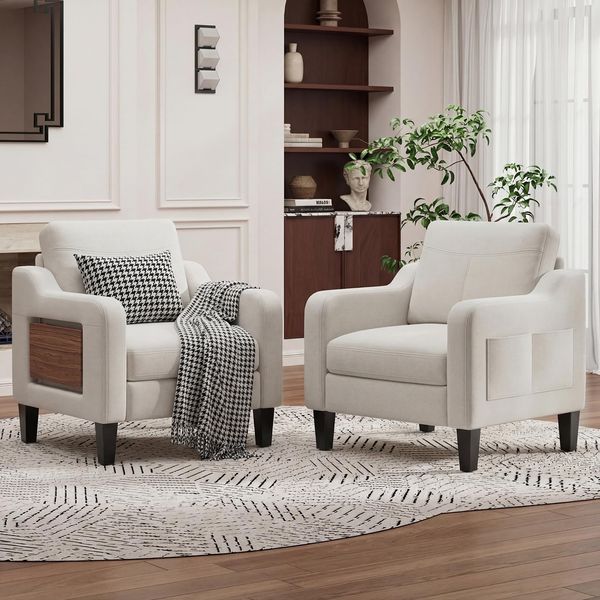 MALOL Sessel Wohnzimmer 2er Set, Ohrensessel Wohnzimmer mit Ausklappbarer Holzseitentisch, Polstersessel mit Armlehnen Einzelsofa, Relaxsessel，Lesesessel für Wohnzimmer Büro Schlafzimmer, Beige