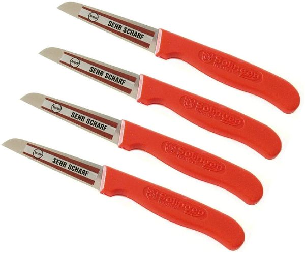 NEUSTANLO Schälmesser Set 4 Stück | extra scharfes Kartoffelschälmesser | Küchenmesser mit rostfreier Klinge | ideal zum Schälen von Obst & Gemüse | ergonomischer Griff | Rot