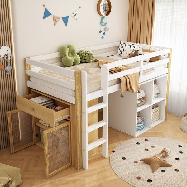 Hochbett 90x200 cm mit 2 Aufbewahrungsschränken und Leiter – Kinderbett aus Massivholz + MDF in Natur/Weiß