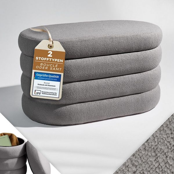 Blumtal Sitzbank mit Stauraum oval, Bouclé-Bezug - robuste Sitztruhe mit Stauraum & Bouclé-Stoff-Bezug extra weich 76 x 42 x 42.5 cm - Sitzbank Schlafzimmer - wunderschöner Bouclé-Look - Ottoman Grau