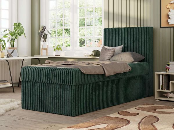 TILIO Jugendbett 90x200 mit Bettkasten - Boxspringbett mit 7-Zonen-Taschenfederkernmatratze, hohes Kopfteil, Einzelbett mit Stauraum - Dunkelgrün Cordstoff - H4 - Rechts
