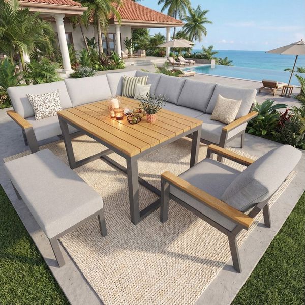 STILVORA Gartenlounge-Set L-förmiges Gartenmöbel-Set mit Holztisch / Wetterfeste Eckgarnitur, (Gartensofa-Set mit Sessel, Bank & Holz-Arbeitsplatte, Platz für bis zu 8 Personen), für Garten Terrasse Balkon