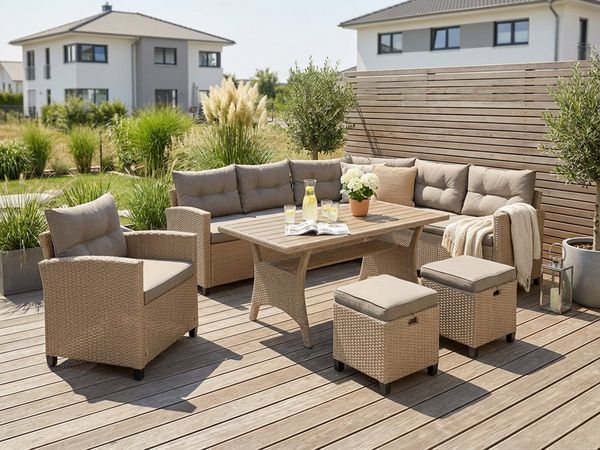KONIFERA Gartenlounge-Set Keros Premium, (Set, 20-tlg, 2x 2er Sofa, 1x Ecke, 1x Sessel, 2x Hocker, 1x Tisch 145x75x67,5cm), Ecklounge, Polyrattan, Stahl, geeignet für 8 Personen, inkl. Auflagen