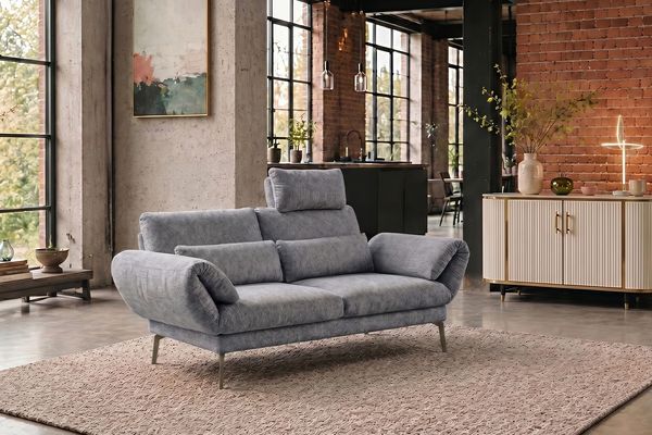KAWOLA Funktionssofa HOLLY 2-Sitzer 1 Kopfstütze Stoff grau 90 x 92 x 176 cm