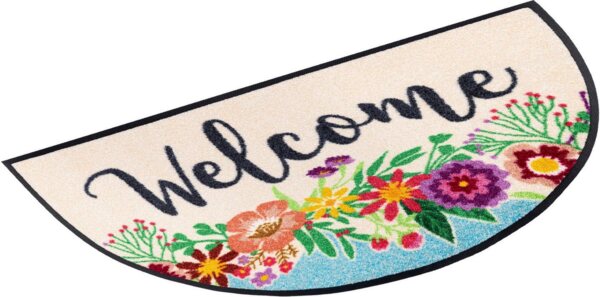 wash+dry by Kleen-Tex Fußmatte Round Welcome Blooming, halbrund, Höhe: 7 mm, Schmutzfangmatte, Motiv Blumen, mit Spruch, rutschhemmend, waschbar