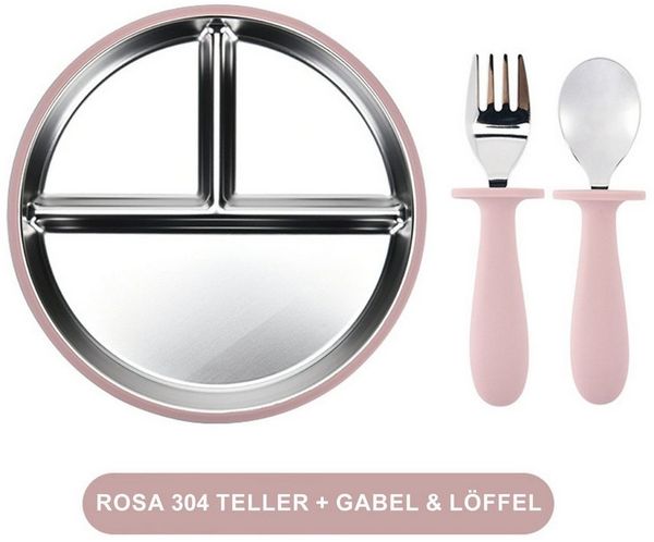 Mutig Kindergeschirr-Set 3 Stück Edelstahl Baby Teller mit Silikon Saugnapf mit Löffeln&Gabeln, 1 Personen, Spülmaschinenfest & BPA Frei mit Unterteilung,Für Kinder geeignet