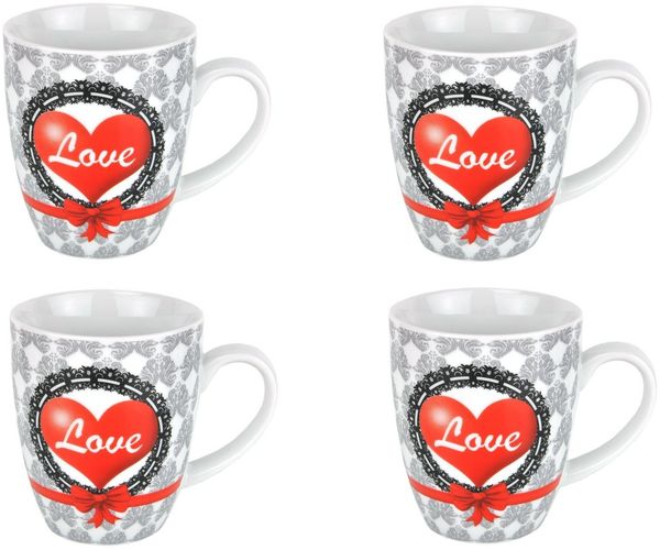 van Well Becher 4er Set Kaffeebecher Herz 35cl Herzbecher, Porzellan