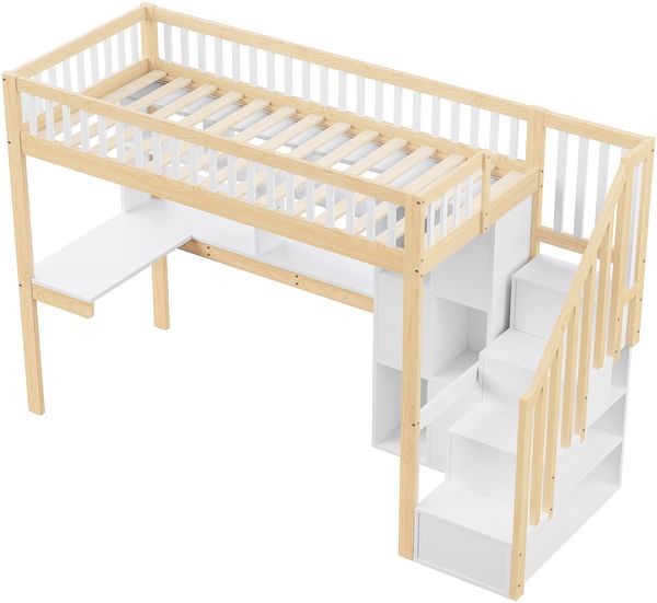 Hochbett, 90*200cm, Mit LED-Leuchten, Ablageleiter, Regale, Ablagefächer, Schreibtisch, ohne Matratze, Weiß+Natur Bild 10