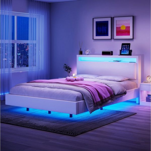 oyajia Polsterbett Schwebebett mit USB Ladefunktion und LED-Beleuchtung, Schwebender visueller Effekt, Jugendbett Bettgestell 140x200cm