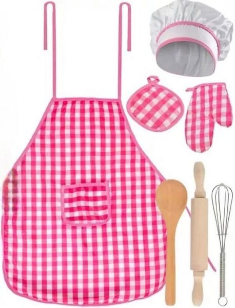 KRUZZEL Kochschürze Kinderkochset mit Kochschürze Löffel Schneebesen Handschuh, (Kinder Koch- und Backspiel-Set, 7-tlg, 7-teiliges Kinder-Kochset aus weichem Polyester), Universell, fördert Kreativität und Fantasie