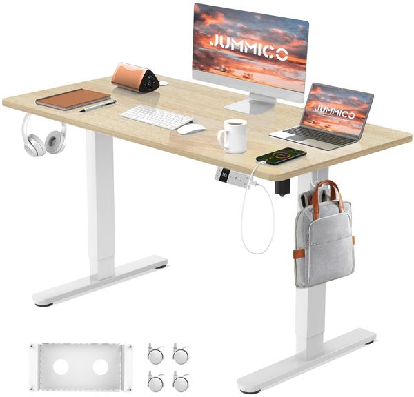 JUMMICO Elektrisch Höhenverstellbarer Schreibtisch 120x80 cm mit Ladestation, Höhenverstellbarer Computertisch mit Kabelmanagement, Ergonomischer Sitz-Steh-Schreibtisch Höhenverstellbarer Tisch, Beige