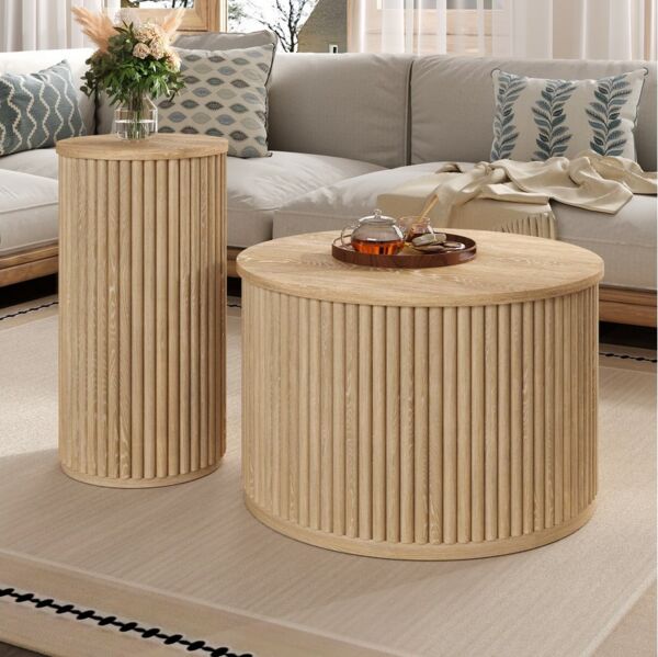MODFU Couchtisch Couchtisch-Set 2-tlg. rund 60x38,5x60 & 30x56x30 cm, MDF natur (Packung, 2-St, Ein runder Haupt- und ein zweiter runder Couchtisc), Beistelltisch mit Naturholzlatten,mit Ablagefächer