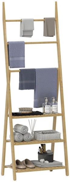 HOMCOM Badregal, Badezimmerregal mit 3 Ebenen, Aufbewahrungsregal aus Bambus, A-Form Standregal mit Handtuchhalter für Badezimmer, Wohnzimmer, Küche, 53,5 x 30 x 153 cm, Naturholz