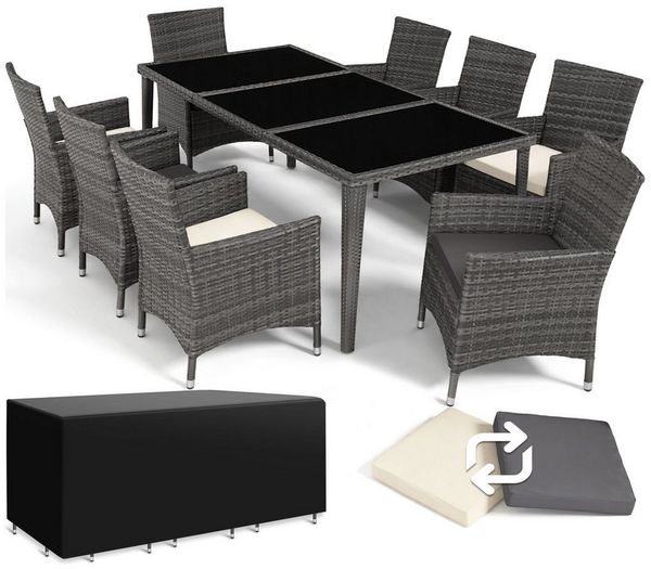tectake Sitzgruppe Aluminium Rattan Gartenlounge mit Bezügen, inklusive Schutzhülle, (Loungeset Menorca, 9-tlg, für Außen in Grau), wetterfest und UV-beständig, mit Sicherheitsglasplatten, pflegeleicht