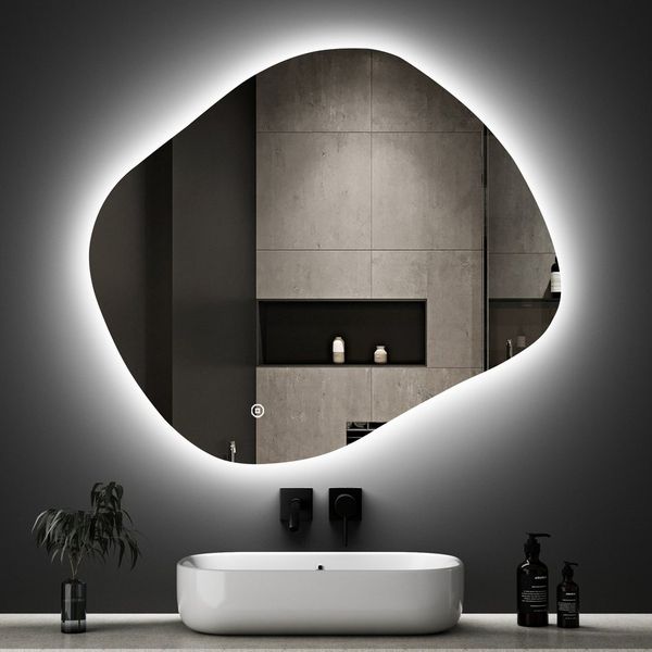 WDWRITTI Wandspiegel mit beleuchtung Badspiegel LED Touch Modern Dreifarbiges Dimmbar (LED Spiegel Bad Schminkspiegel Dekospiegel, Wolke, Wassertropfen, Stein), LED Multifunktionspiegel, Asymmetrisch Spiegel