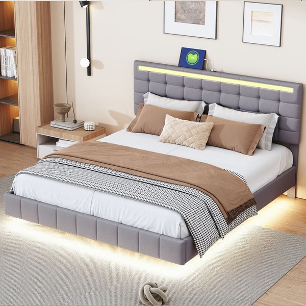 Polsterbett 160x200 cm, gepolsterter Schwebebettrahmen mit LED-Leuchten und Kopfteildesign, Grau