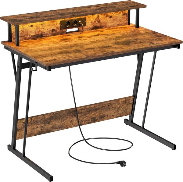 Vasagle Schreibtisch, Gaming Tisch mit eingebauter Steckdosenleiste, Computertisch, mit Monitorständer für 2 Monitore, Schlafzimmer, 60 x 100 x 76 cm, vintagebraun LWDDE191K01
