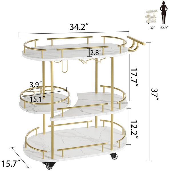 GarveeMore Küchenwagen 3-stöckiger Barwagen mit Rädern und Griff,Drehbarer Gold Servierwagen, Barwagenmit Weinregal und Glashalter für Küche, Wohnzimmer, Esszimmer