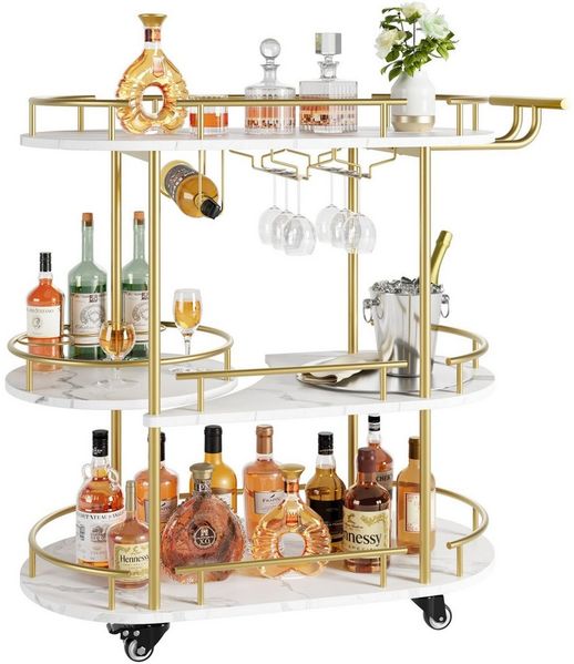 GarveeMore Küchenwagen 3-stöckiger Barwagen mit Rädern und Griff,Drehbarer Gold Servierwagen, Barwagenmit Weinregal und Glashalter für Küche, Wohnzimmer, Esszimmer