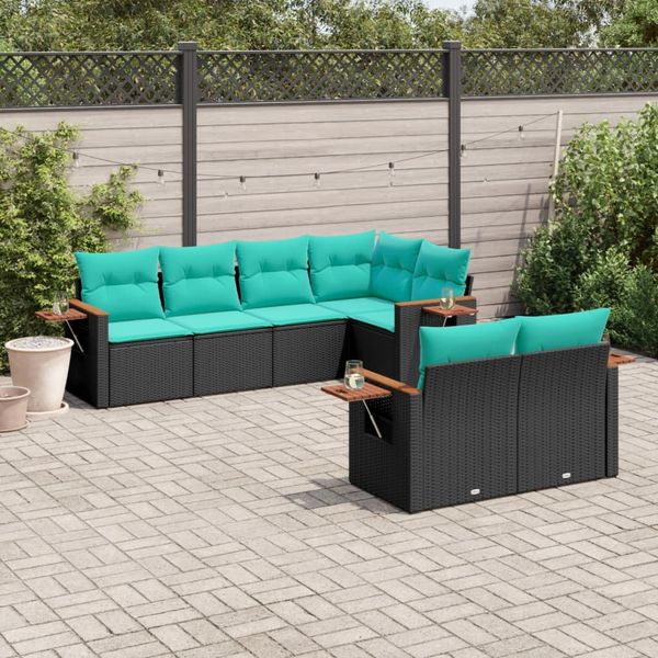 vidaXL 7-tlg. Garten-Sofagarnitur mit Kissen Schwarz Poly Rattan 3226981