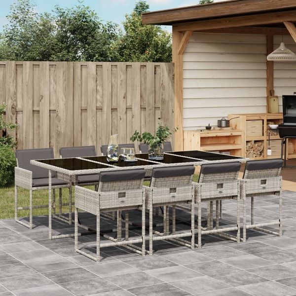 vidaXL 9-tlg. Garten-Essgruppe mit Kissen Hellgrau Poly Rattan 3278050