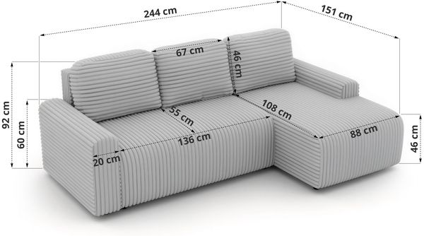 Ecksofa NESSARO L mit Schlaffunktion und Bettkasten, Bonellfederkern, Stauraum, L-förmiges Sofa, DL-System, lose Kissen - Beige Cord - Links Seite Bild 7