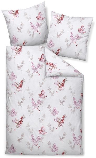 Janine Bettwäsche Edel Baumwolle, Flanell, 2 teilig, filigrane Blütenzweige, rot rosé auf cremefarbenen Hintergrund