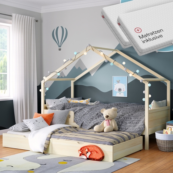 Bellabino 'Bela' Hausbett 90x200 cm mit Gästebett 90x190 cm und 2 Matratzen, natur, Kiefer Massivholz, Montessori Kinderbett mit Ausziehbett, inkl. Rausfallschutz und Lattenrost