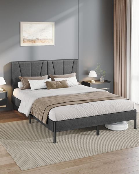 Polsterbett 140 × 190 cm, Bettgestell, Doppelbettgestell mit Gepolstertem Kopfteil, Doppelbett mit Lattenrost aus Metall, Bettgestell Geeignet fürs Schlafzimmer, Dunkelgrau