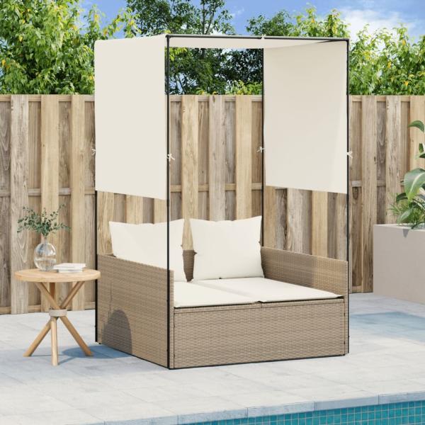 vidaXL Doppel-Sonnenliege mit Dach und Vorhängen Beige Poly Rattan 4002759