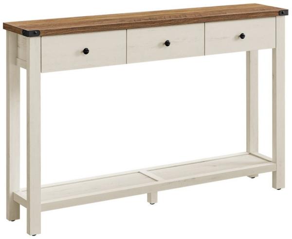 Vasagle Konsolentisch, Beistelltisch, schmaler Sofatisch, mit 3 Schubladen und einer Ablage, für Flur, Wohnzimmer, Landhausstil, honigbraun-vintageweiß LNTDE142W73