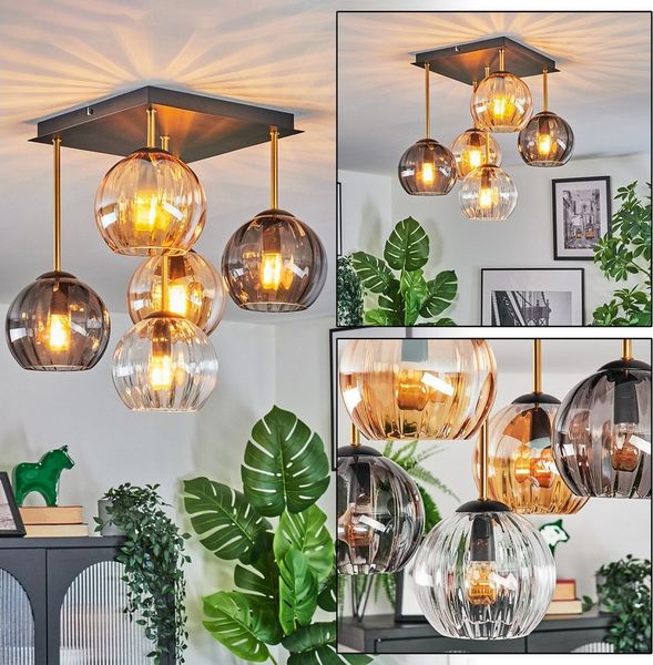 hofstein Deckenleuchte Deckenlampe aus Metall/Riffelglas in Schwarz/Gold/Rauch/Bernstein/Klar, ohne Leuchtmittel, Deckenleuchte im Retro/Vintage-Design (Schirme 15 cm), 5 x E14