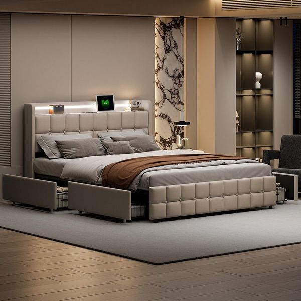 PXloue Polsterbett LED Doppelbett 140x200 cm (Inklusive USB-Typ-C-Ladeanschluss), Stauraumbett,mit Bettrahmen und 4 Schubladen,Leinen,180x200 cm