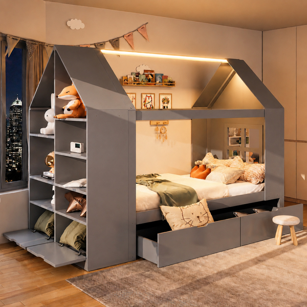 Merax Kinderbett 90*200cm, Einzelbett, Jugendbett, Hausbett, Hausförmiges Design, mit zwei Schubladen, mit LED, mit Stauraum, Multifunktionsbett, Grau
