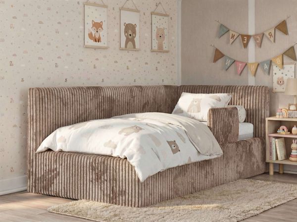 Kinderbett, Polsterbett 90x200 TILVO ALTA mit Rausfallschutz & Bettkasten, Gasdruckfeder-Lift, inkl. Lattenrost, Matratze wählbar - Braun Cord - ELORI LUX - Rechts Seite