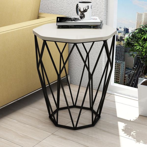 Hanah Home Modern Side Table with Metal Legs, Cream & Black, 46 x 57 x 46 cm | 100% Melamine Coated Particle Board, 18 mm Thick | Stylish & Functional Design