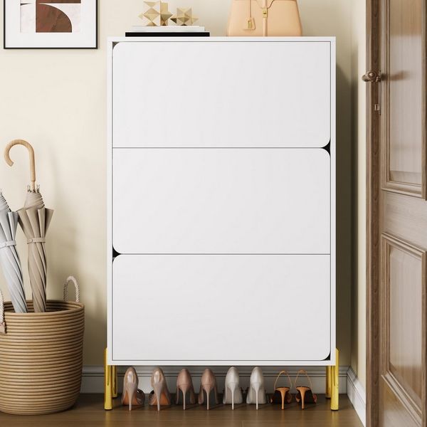 REDOM Schuhschrank 73 x 120 x 24 cm in Weiß mit 3 Türen und goldenen Beinen (Packung, 1-St, Großes Fassungsvermögen, Stilvoll und praktisch) Moderner, Geeignet für den Eingangsbereich oder das Foyer.