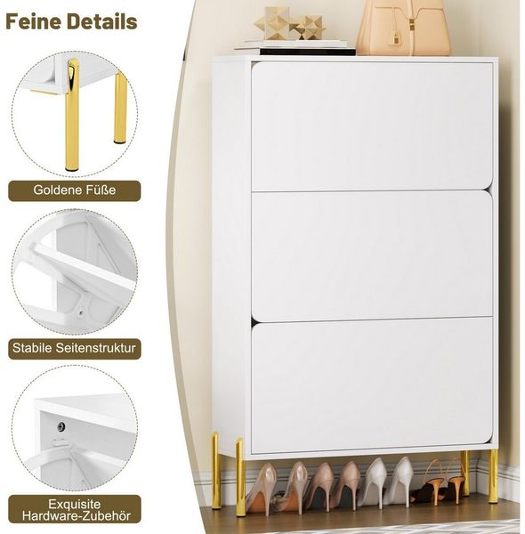 REDOM Schuhschrank 73 x 120 x 24 cm in Weiß mit 3 Türen und goldenen Beinen (Packung, 1-St, Großes Fassungsvermögen, Stilvoll und praktisch) Moderner, Geeignet für den Eingangsbereich oder das Foyer. Bild 4