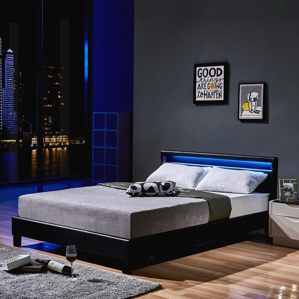 Home Deluxe 'Astro' Polsterbett mit LED-Beleuchtung und Matratze, Kunstleder, Schwarz, 140x200 cm