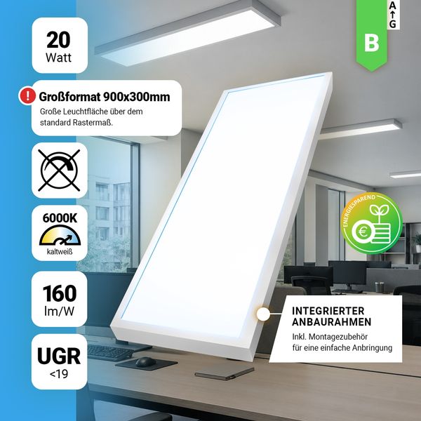 LED Anbaupanel 90x30 cm Tageslichtweiß 6000K 20W UGR