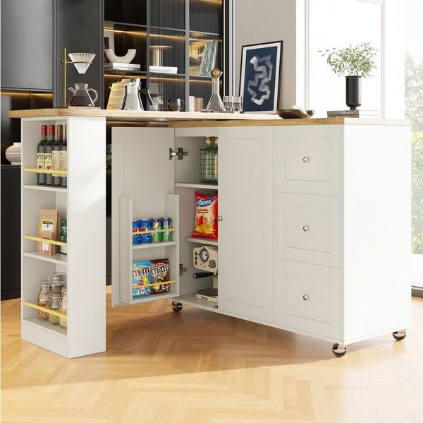 Flieks Bartisch 360° drehbar Esstisch mit Sideboard (138–209x39x106 cm) (Set, 1-St, mit Rollen und Snackregal), ausziehbar Stehtisch mit 2 Türen und 3 Schubladen Kommode Bistrotisch