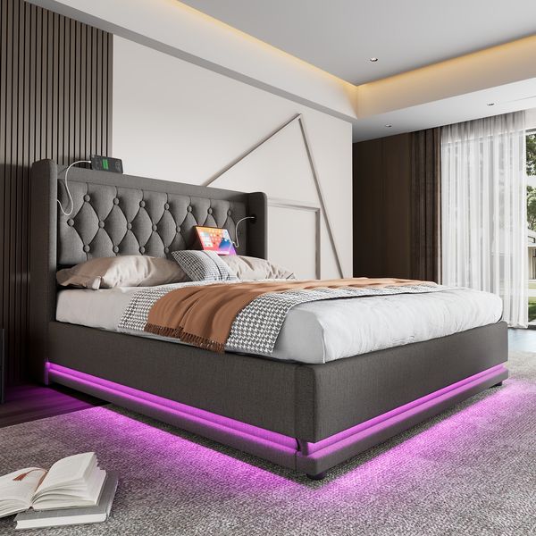 Polsterbett 180x200 cm, graue Baumwolle, mit Ladestation, 3-seitiger LED & Stauraum